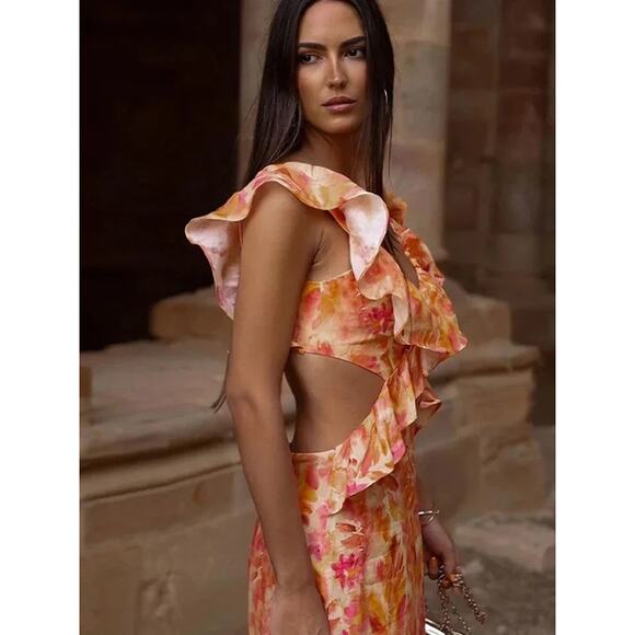 NWT! Zara Linen Floral Ruffled Midi V-Neck Dress - Blogger Favorite - Size XL - Picture 3 of 16